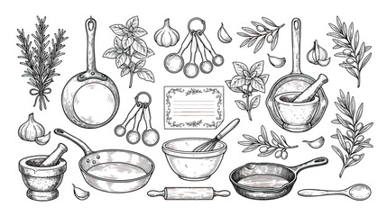 Vintage hand drawn kitchenware and herbs collection, rustic culinary cooking tools vector set, engraved style kitchen utensils and ingredients © Dream Time Studio