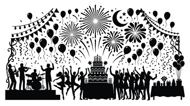 Festive black vector illustration featuring a lively party scene with musicians dancing people and fireworks