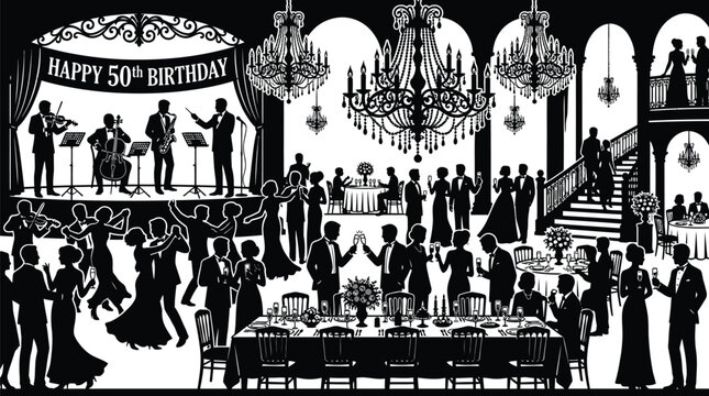 Elegant black and white vector illustration depicting a formal fiftieth birthday celebration with dancing guests
