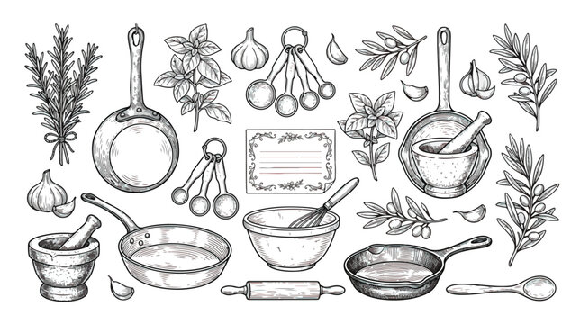 Vintage hand drawn kitchenware and herbs collection, rustic culinary cooking tools vector set, engraved style kitchen utensils and ingredients
