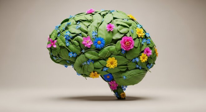 Elegant brain outline crafted from delicate green leaves and flowers against a neutral beige background with ample empty copy space, peace, intelligence, empty space