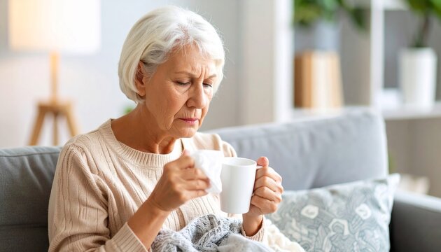 Senior Woman Ill on Sofa.