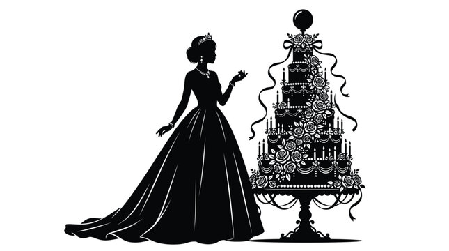 Elegant princess silhouette standing beside a tall tiered floral cake in this black vector illustration