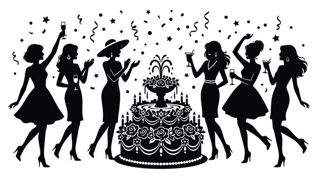 Elegant women celebrate a festive party with a large decorative cake in this flat vector illustration