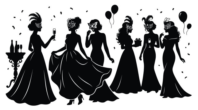 Elegant women wearing masquerade masks at a formal party in this high quality vector graphic illustration