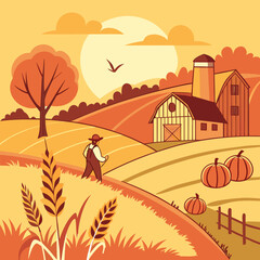 Fototapeta premium Autumn landscape vector illustration with house at sunset, mountains, trees, village, orange sky and nature scenery