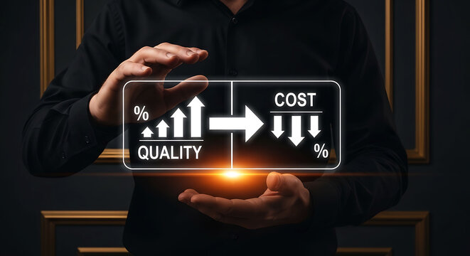Businessman holding virtual icon showing increasing quality and decreasing cost