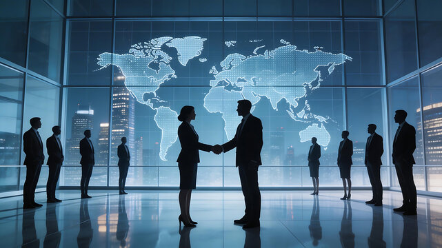 Business handshake in modern office representing visionary leadership and market dominance