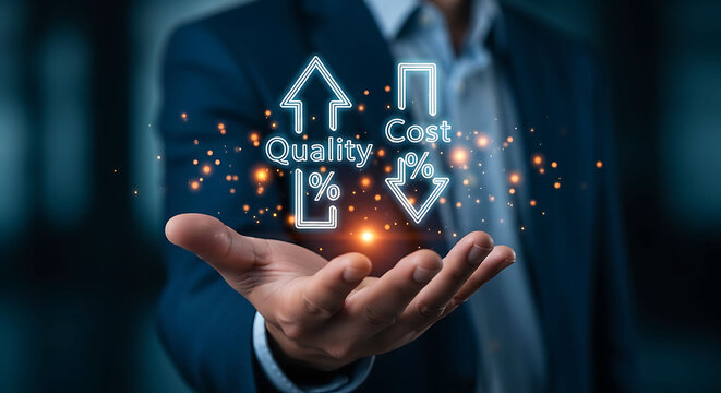 Businessman holding virtual icons showing quality increase and cost reduction