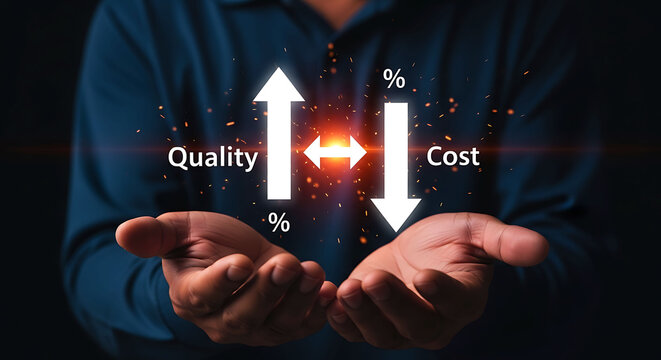 Businessman holding balance between high quality and low cost concept with arrows