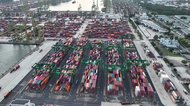 day time flight over singapore city port container ship loading terminal traffic bay aerial panorama 4k    