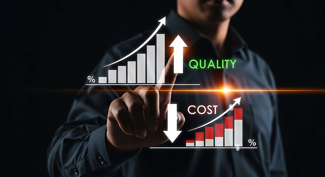 Businessman hand touching virtual interface showing increasing quality and reducing cost