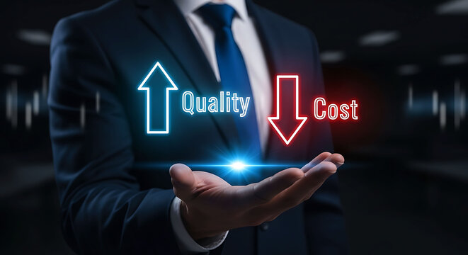 Businessman holding high quality and low cost business concept strategy icon graphics