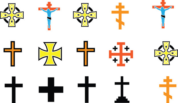 Christian Cross Collection Featuring Catholic Orthodox Crucifix and Religious Faith Symbols Vector Illustration Set