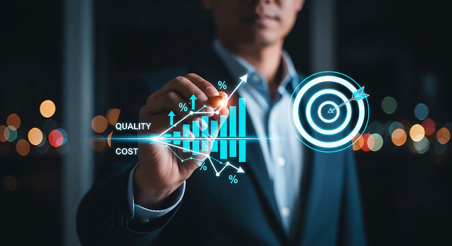 Businessman pointing at target chart for business cost and quality optimization