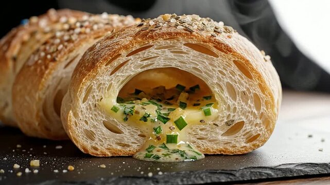Freshly Baked Cheese-Filled Bread Roll with Herbs on a Slate Surface, Perfect for Culinary Photography and Gourmet Food Presentation
