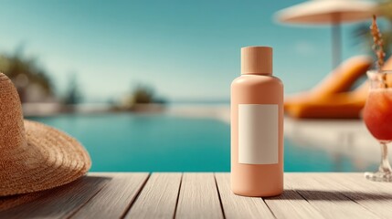 Obraz premium Sunscreen bottle standing on wooden deck at luxury poolside with sharp focus and beautiful bokeh for skincare brand marketing