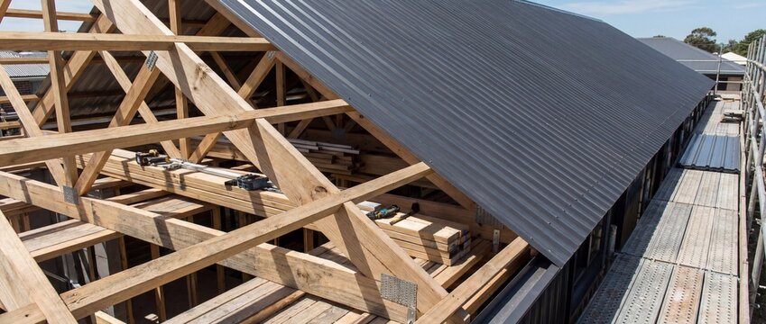 Construction Site Progress Featuring Wooden Roof Trusses And Dark Corrugated Metal Roofing Panels For A Modern Residential Home