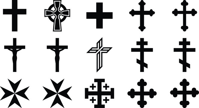 Christian Cross Collection Featuring Catholic Orthodox Celtic and Religious Symbol Icons Vector Illustration Set