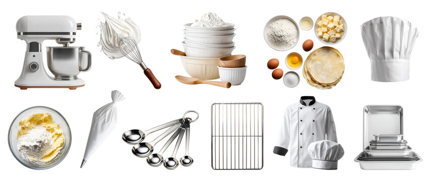 Set of equipment kit for bakeware baker bake bakery, mixing bowls, stand mixer, apron ladle, chef jacket hat, baking trays, ingredient egg butter sugar dough Flour, transparent cutout PNG mockup