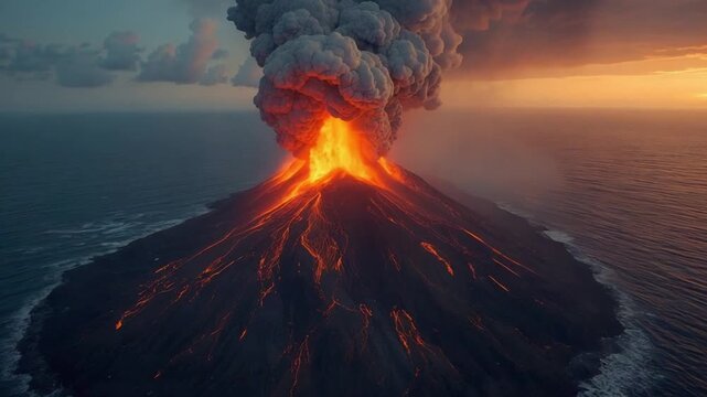 Island Volcano Erupting With Glowing Lava Streams. 4K Video