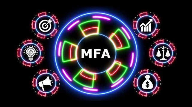 Abstract glowing neon circles animation with business icons and MFA text.