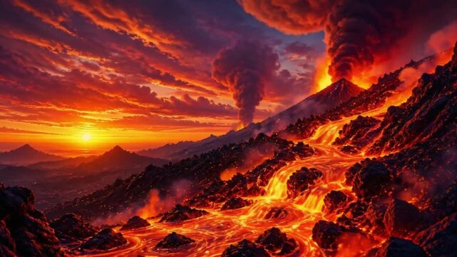 Lava Rivers Flowing Across Erupting Volcano Slope. 4K Video