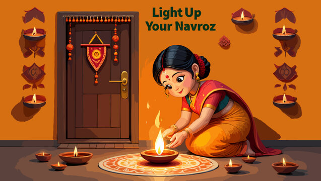 Woman lights diyas for navroz celebration in front a decorated door