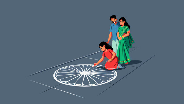 Family making rangoli design on the floor for indian festival celebration