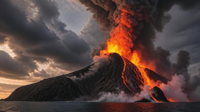 Explosive Volcano Erupting Beneath Storm Clouds. 4K Video