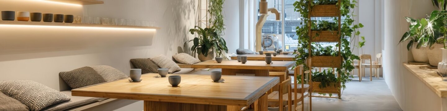 Modern Cafe Interior with Natural Wood Tables and Plants