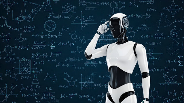A futuristic robot standing in front of a complex mathematical equations background looks puzzled.