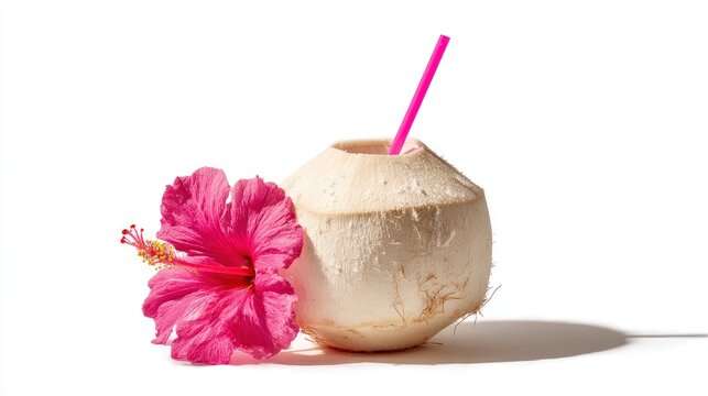 Fresh coconut water with pink straw and hibiscus flower on white background studio shot for travel marketing