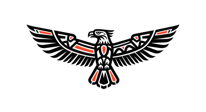 Stylized Eagle Emblem with Tribal Ornaments, Black, Red, White
