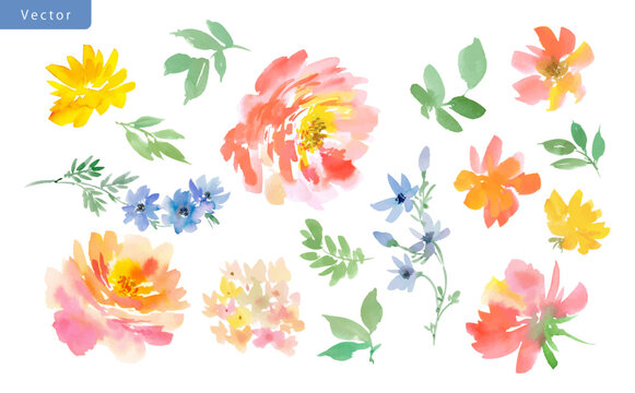 Floral vector clipart set with abstract hand painted watercolor summer roses and wild flowers for greeting card, wedding invitation and surface design