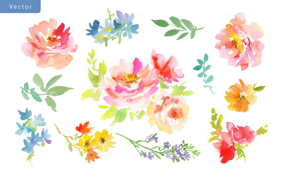Floral Vector clipart set with abstract hand painted watercolor summer roses and wild flowers for greeting card, wedding invitation and surface design