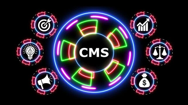 Neon glowing cms circle frame with business and finance icons dynamic animation.