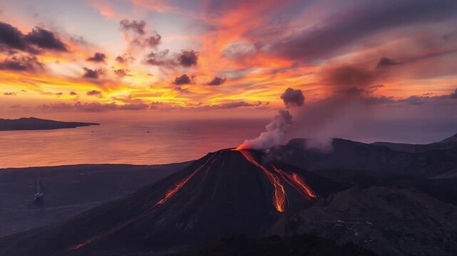 Volcanic Crater Releasing Lava During Sunset. 4K Video