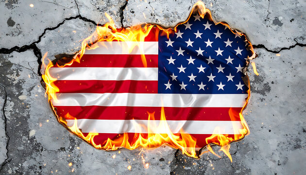American flag burning a hole through cracked concrete wall, symbolizing destruction and crisis, intense flames and glowing embers