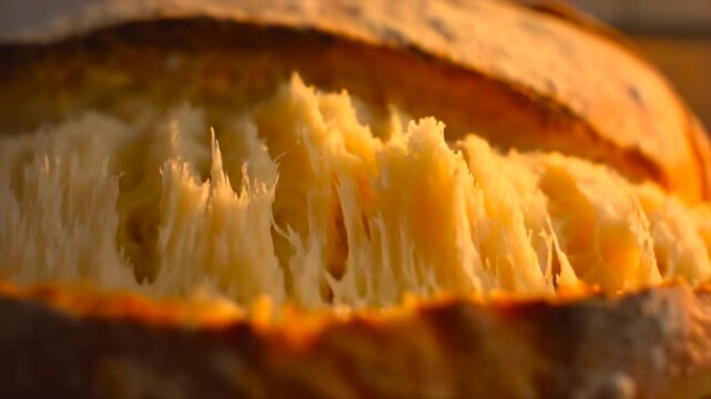 fresh bread torn open close-up macro, soft crumb stretching with airy strands under golden crust, baking result concept for bakery products, texture detail, warm homemade food atmosphere