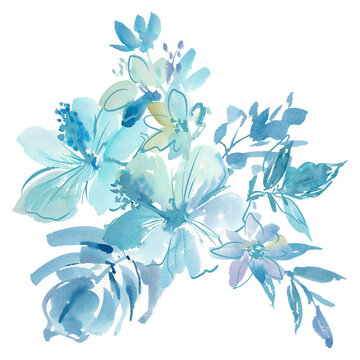 Hand-painted watercolor blue hibiscus flowers and tropical foliage bouquet clipart for banner, wedding invitation and social media. Hibiscus PNG illustration.