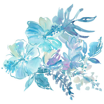  Hand-painted watercolor blue hibiscus flowers and tropical foliage bouquet clipart for banner, wedding invitation and social media. Hibiscus PNG illustration.