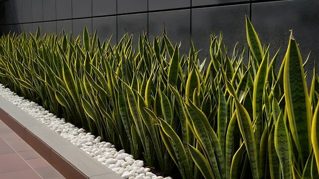 Lush snake plant border with white pebbles and dark modern building provides striking textural contrast
