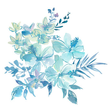 Hand-painted watercolor blue hibiscus flowers and tropical foliage bouquet clipart for banner, wedding invitation and social media. Hibiscus PNG illustration.

