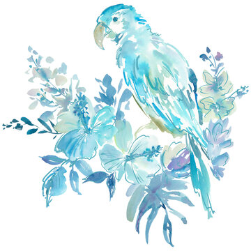 Hand-painted watercolor blue hibiscus flowers, parrot and tropical foliage bouquet clipart for banner, wedding invitation and social media. Hibiscus PNG illustration.