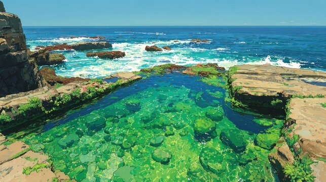 Clear emerald tidal pool sits beside vibrant blue ocean waves breaking against coastal rocks