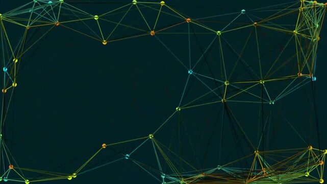 Abstract digital network of interconnected nodes forming complex geometric patterns