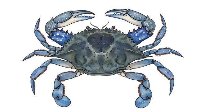 Detailed biological illustration of a blue crab crustacean with large claws isolated on a white background