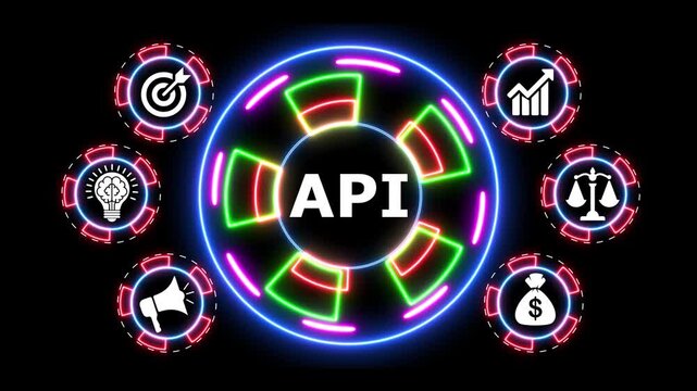 Abstract API concept with connected business icons dynamic glowing effect.