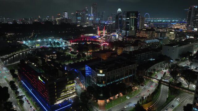 night time singapore city center riverside traffic boat quay construction aerial panorama 4k 